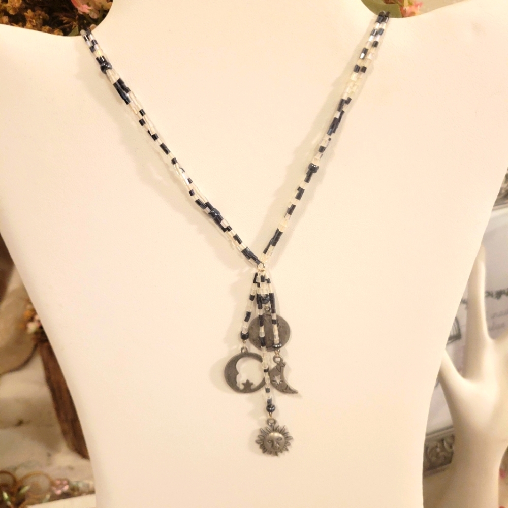 VINTAGE CELESTIAL Seed bead multi silver charm necklace. Stars and moon theme ✨️